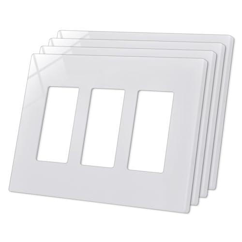 CML 3-Gang Screwless Wall Plate Cover, Mid-Size 4.88" x 6.76", Midway Triple Faceplate Cover for Decorator Receptacle Outlet & Switch, UL Listed, 4 Pack, White