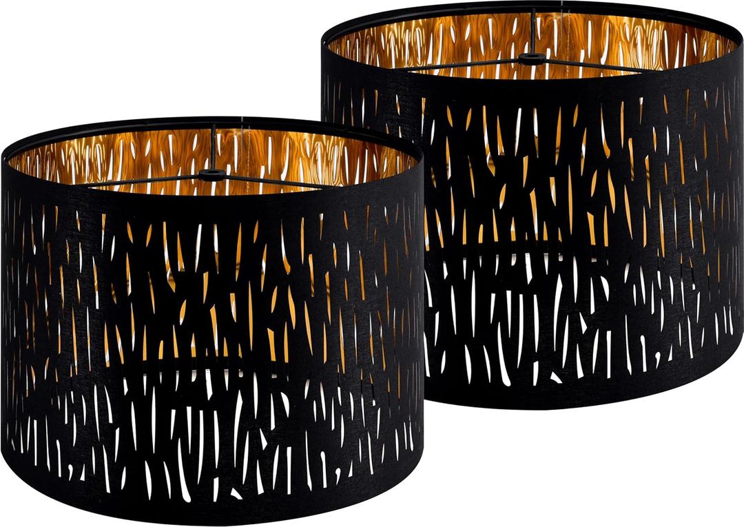 GO&SO Black Lamp Shades For Table Lamps Set of 2, 13" Top x 13" Bottom x 10" High(Spider), Industrial Etching Vertical Stripe Medium Drum Shade, Replacement Living Room Floor Shades, Assembly Required
