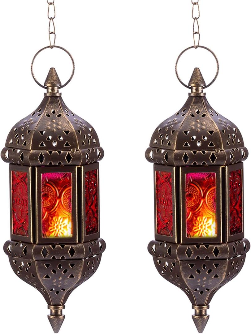2 Pcs Hanging Hexagon Decorative Moroccan Candle Lantern Holders, Handmade Hanging Tea Light Holder in Bronze Metal & Red & Purple Glass Gift & Decor Items (Brown)
