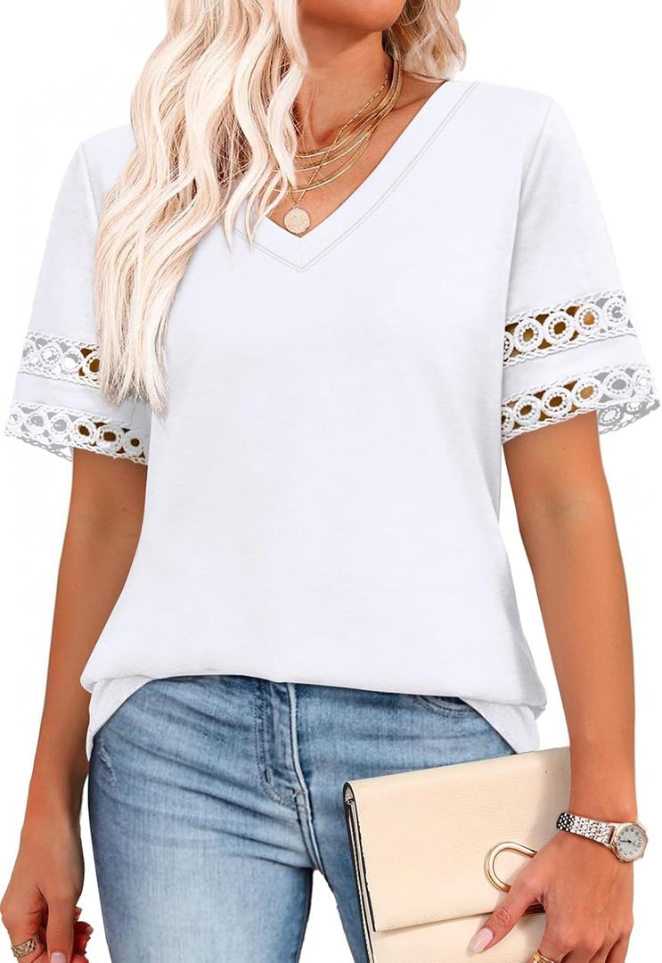 XIEERDUO Womens Summer Tops Dressy Casual Blouses for Women V Neck Short Sleeve Shirts Fashion Clothes Curved Hem Flowy (White, L)