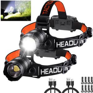 Headlamp Rechargeable 2Pack, Head lamps led rechargeable, Adjustable Focus Headlight Outdoor, 4Mode Head Lights for Forehead, 90Angle LED Headlamp, Waterproof Headlamps for Adults Camping Hard Hat