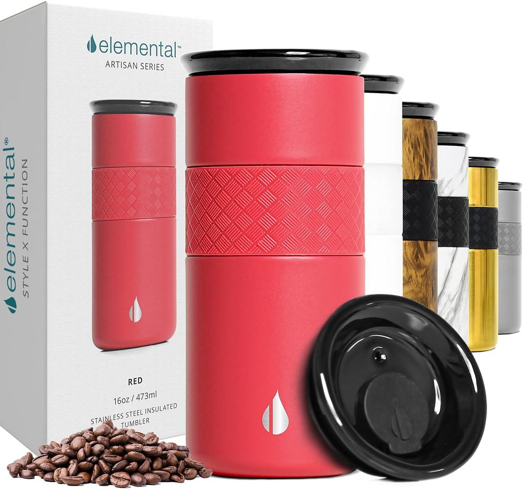 Elemental Artisan Insulated Tumbler, Triple Wall Coffee Travel Mug, Reusable Stainless Steel Coffee Tumbler with Ceramic Lid, Thermal Coffee Cups for Hot (6 Hrs) & Cold (18 Hrs), 16oz - Red