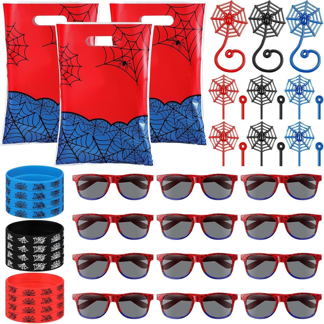 Soulchen 48 Pieces Spiderweb Birthday Party Decoration Set Spiderweb Gift Bags Spider Silicone Bracelet Sunglasses Cobweb Sticky Hands Toys for Birthday Party Supplies Favors (Classic)