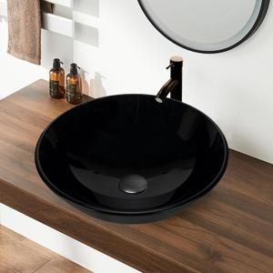YIMAI Black Glass Vessel Sink 16.5" x 16.5" x 5.5"  Tempered Glass Above Counter Round Bathroom Sink Bowl Countertop Modern Sinks with Faucet and Drain Combo, Easy Install for Master or Powder Room