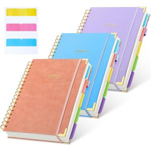 LemonSecret 3 Pcs Hardcover Spiral Notebook Journal with Removable Divider Tab B5 8"x10 Large 5 Subject Notebook College Ruled 300 Page Leather Notebooks for Office School Business(Purple, Blue, Pink)