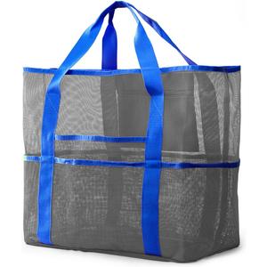 Mesh Beach Bag, Extra Large Beach Bags with 9 Pockets & Zipper Waterproof Lightweight Beach Tote for Beach/Pool Trip (Grey)