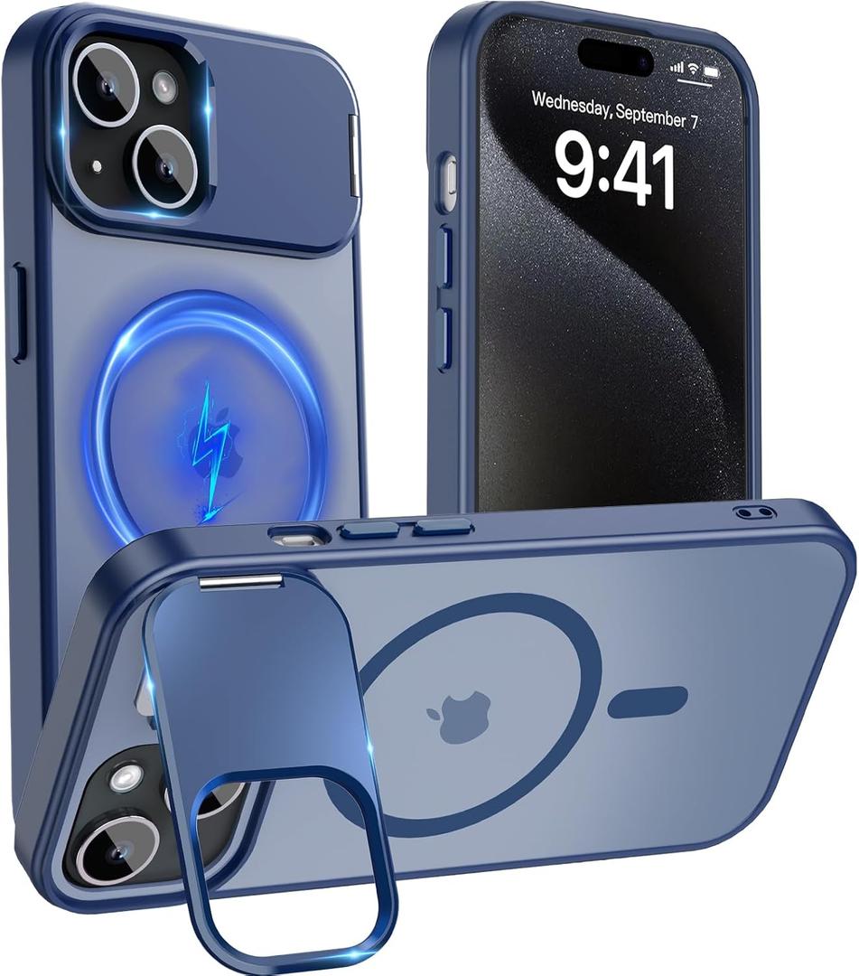 Cufelf Magnetic for iPhone 15 Case(Compatible with Magsafe)(Built-in Invisible Kickstand) Military Drop Protection,Anti-Fingerprint,Anti-Scratch,Matte Translucent Phone Cover,6.1",Blue