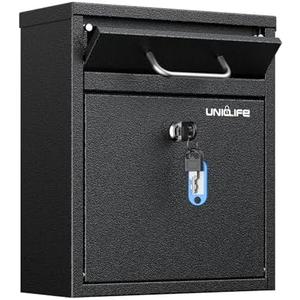 Uniclife Wall Mount Mailbox for Outside, Anti-Theft Heavy Duty Locking Mailbox, Small Mailbox with Key Lock, Security Mail Box, Safe Key Drop Box, Post Box, Steel Cash Drop Box for Home Office, Black