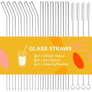 16 PCS Reusable Glass Straws Set 6 Straight & 6 Bent Clear Drinking Straws (8.5''x10mm) with 4 Cleaning BrushesPerfect for Smoothies, Milkshakes, Coffee, Juice, Milk, Cocktails