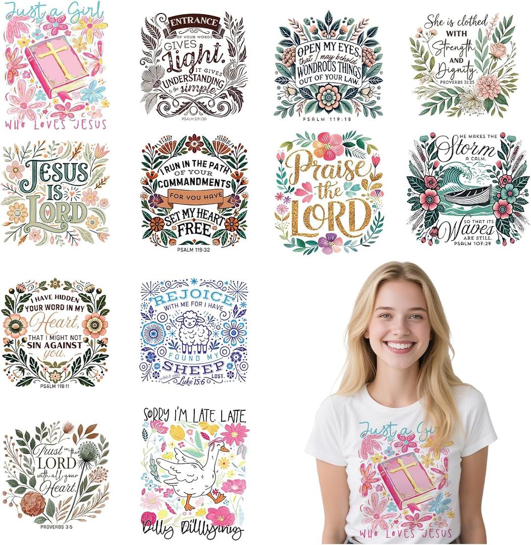 Christian DTF Transfers Ready to Press - 12 Sheets Aesthetic Bible Verse Iron On Transfers for T Shirts Inspirational Boho Religious Heat Transfer Iron on Patches for Clothes Bag Pillow Covers DIY