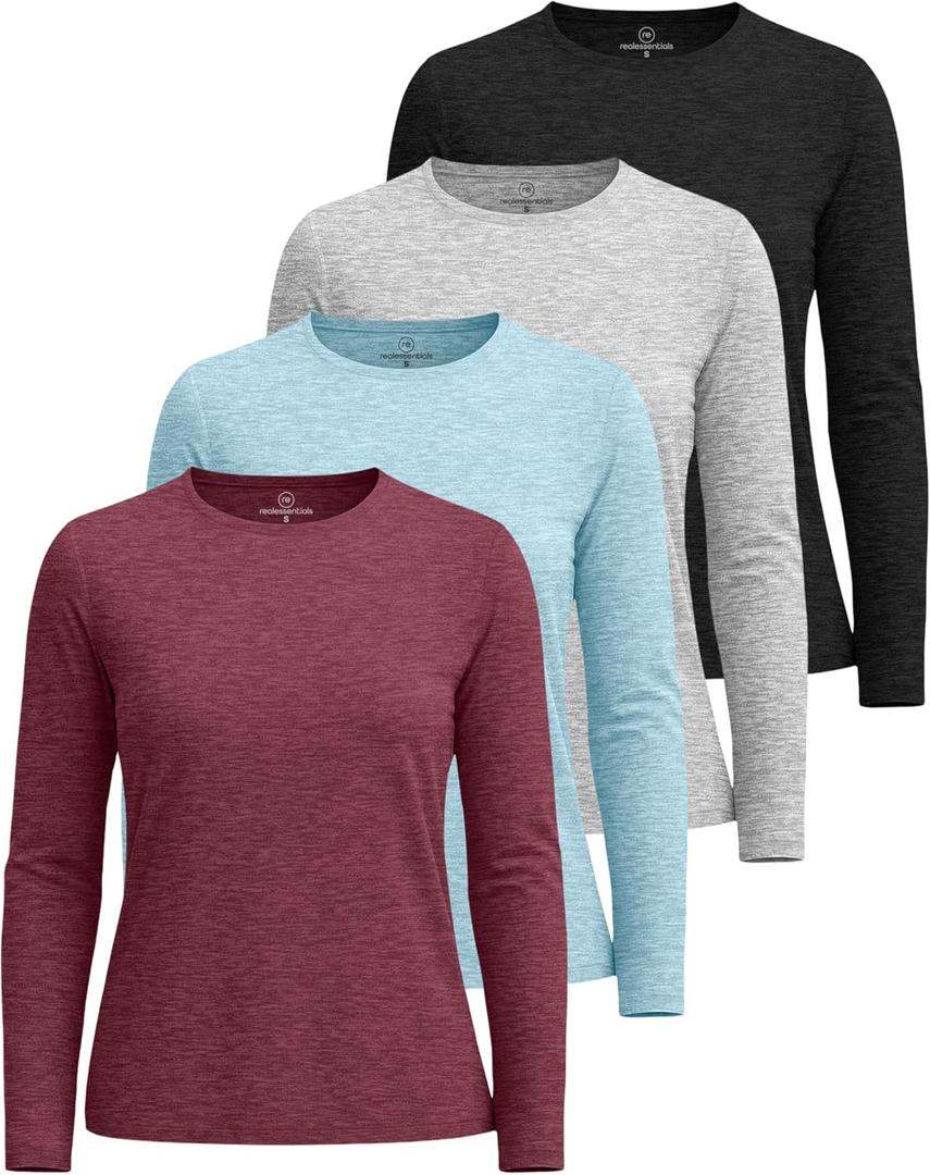 Real Essentials 4 Pack: Women's UPF 50+ Quick Dry Fit Sun Shirts Long Sleeve UV SPF Hiking Top Outdoor, Set 7, XS,