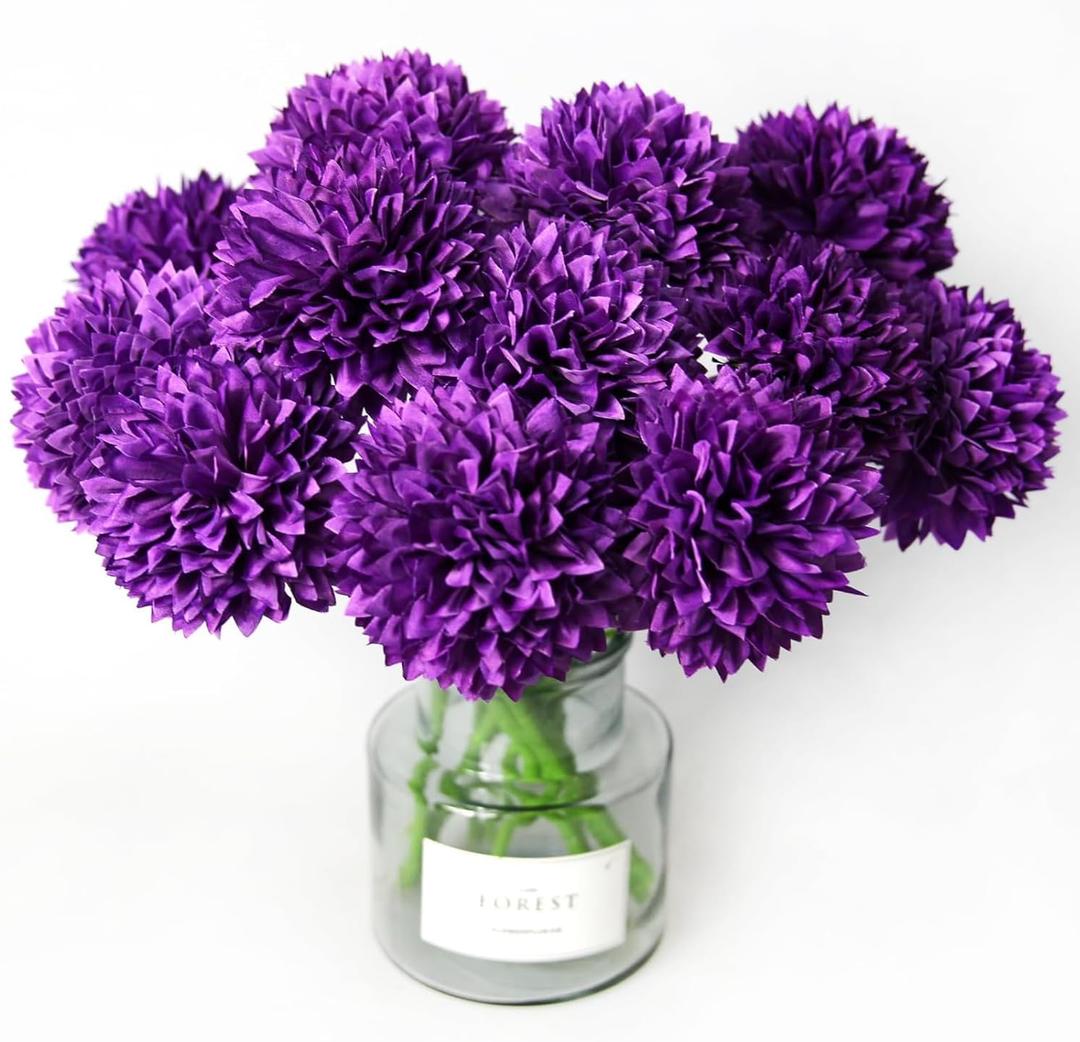 Tinsow 12 Pcs Artificial Flowers Purple Faux Ball Chrysanthemum Bouquet Flowers Wedding Bouquet for Home Garden Party Wedding Decoration