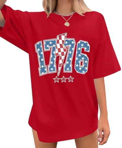 Women America 1776 T Shirt 4th of July Oversized Shirts Patriotic USA Flag Casual Short Sleeve Tee Tops L, Red