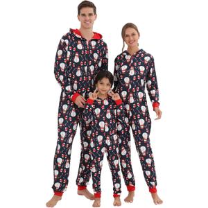 Matching Christmas Onesie Pajamas for Family/Couples, Cute Printed One-piece Pjs, Xmas Holiday Adult Hooded Sleepwear (Blue)