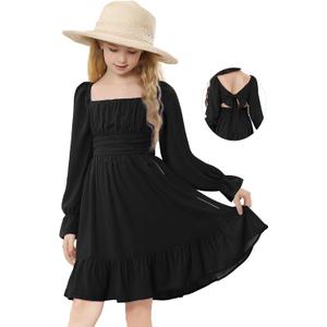 Durio Girls Dresses for Teens Girls Tie Back Off Shoulder Dress Cute Long Sleeve Dress Easter Kids School Party Dance Dresses (10-11 Years, 03 Black)