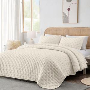 HIARUO 3-Piece Queen Quilt Set - Soft Warm Ultrasonic Reversible Coverlet Bedspread Set (90 x 90 Inch) with 2 Pillow Sham (20 x 26 Inch), Beige