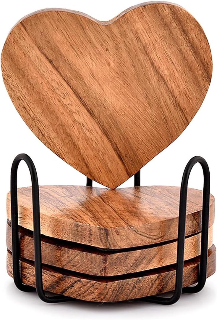 Samhita Acacia Wood Heart Shape Coaster Set of 4 with Iron Holder for Coffee Table Dcor Housewarming Gift New Home Kitchen Dcor