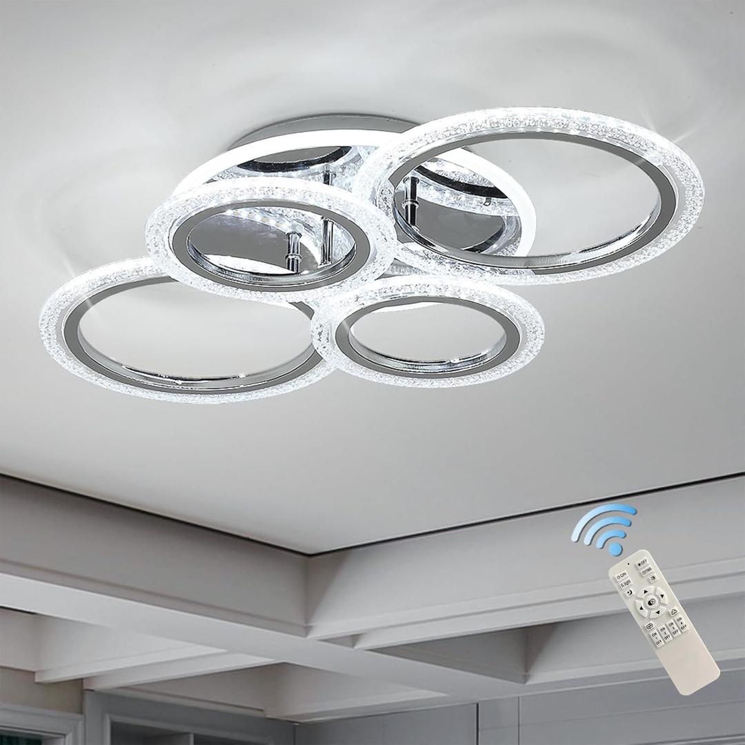 Garwarm Modern Ceiling Light 58W Dimmable Flush Mount LED Ceiling Lamp 4 Rings Acrylic Ceiling Chandelier for Living Room Dining Room Bedroom,Chrome
