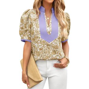 Cicy Bell Womens Floral Short Puff Sleeve Tops V Neck Patchwork Boho Summer Vacation Casual Blouses (Purple, XL)