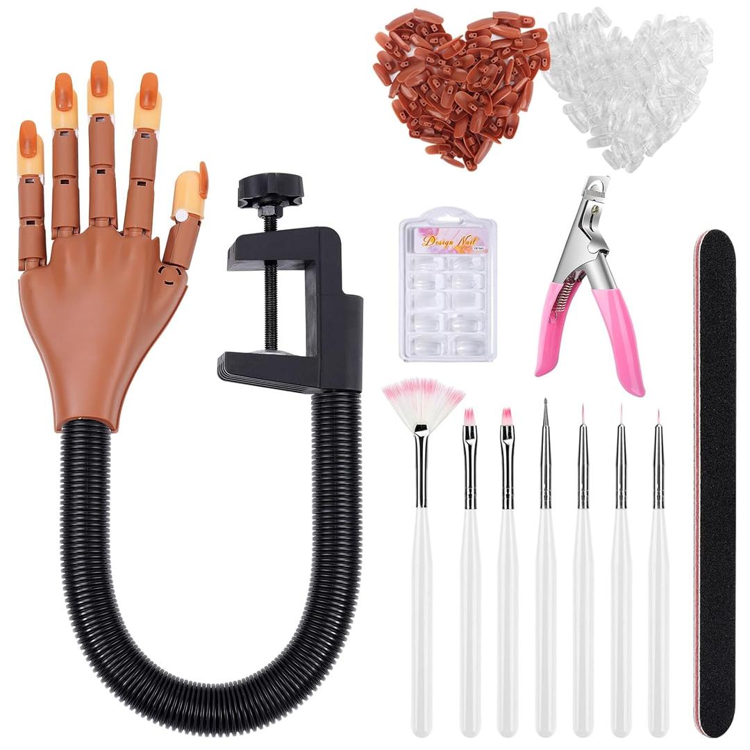 Practice Hand for Acrylic Nails, Flexible Nail Training Mannequin Fake Hand, Moveable Practice Nail wth 200 Pcs Replaceable Nails for Acrylic Nail Manicure DIY