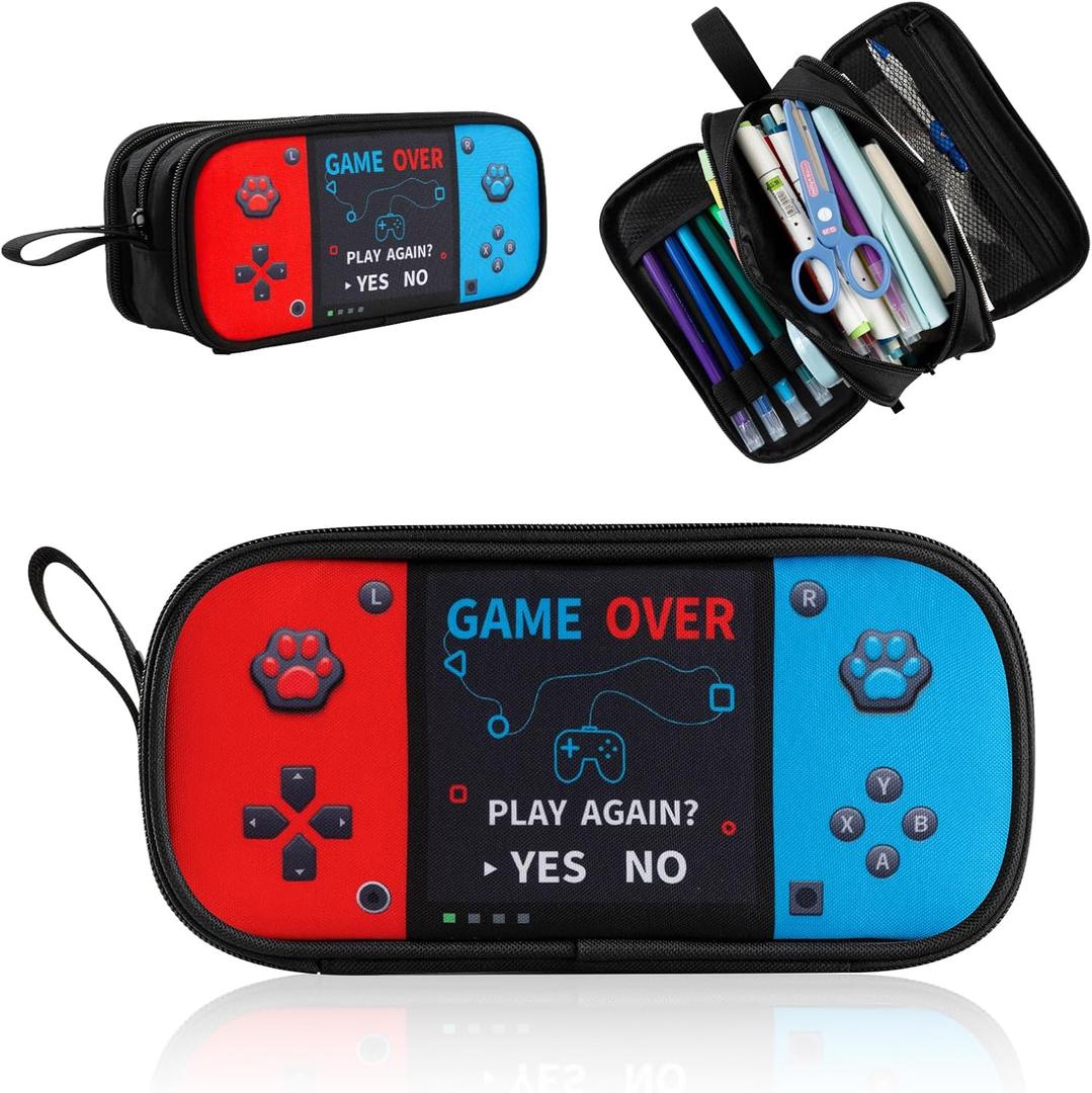 Large Game Controller Pencil Case for Teen Boy Kid Capacity Pen Box Pouch Organizer Holder Bag with 3 Compartments & Zipper School College Office Supplies(1PCS Pencil Case) (Red&Blue)