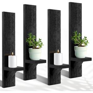 4 Set Wooden Wall Candle Holder Sconces Mount Decorative Holders Decor Rustic Hanging Shelf Living Room Decoration for Farmhouse Bathroom Bedroom Vase Living Room(Black)
