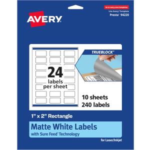 Avery TrueBlock Matte White Rectangle Labels, Sure Feed Technology, 1" x 2", 240 Matte White Labels, Print-to-The-Edge, Laser/Inkjet Printable, Great for Packaging and Product Merchandising