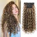REECHO Curly Clip in Hair Extensions, 24 inch Long Hair Extensions Clip ins Lace Weft Natural Hairpieces for Women Daily, Chocolate Brown with Highlights