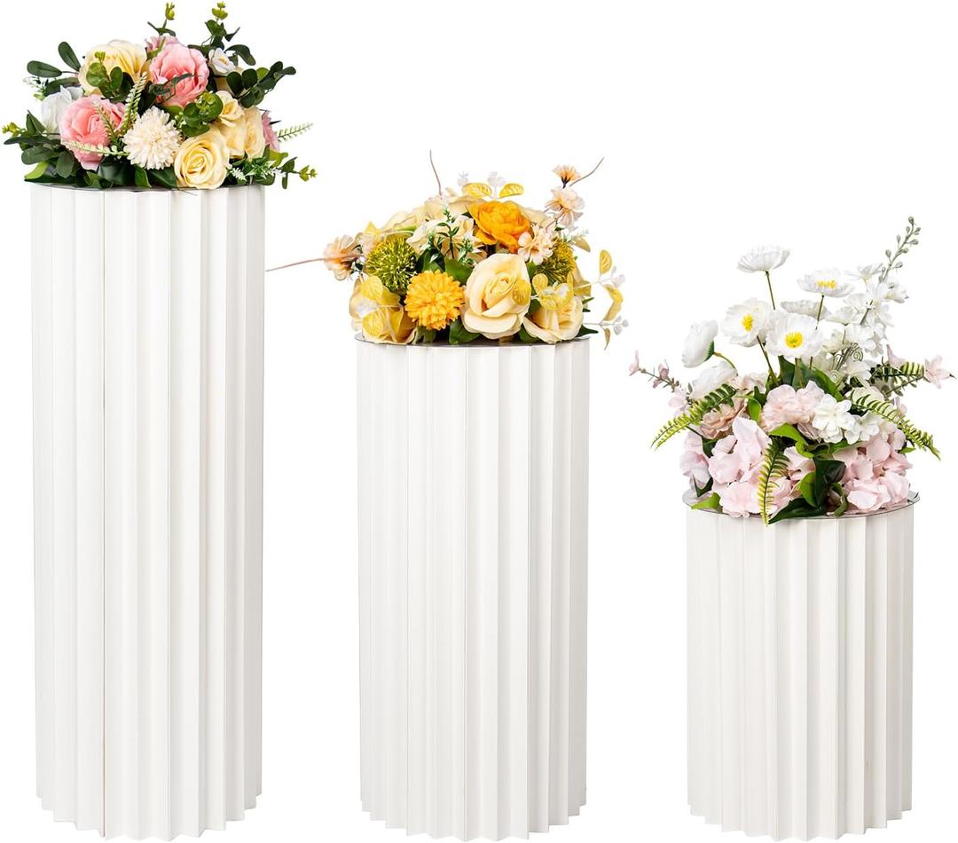 Foldable Paper Columns Display Pedestals Stand, Cylinder Pedestal Stands for Party, Roman Pillar Dessert Table for Wedding Birthday Party Decoration , 3 Pcs，15.7" H+23.6'H+31.5" H,White