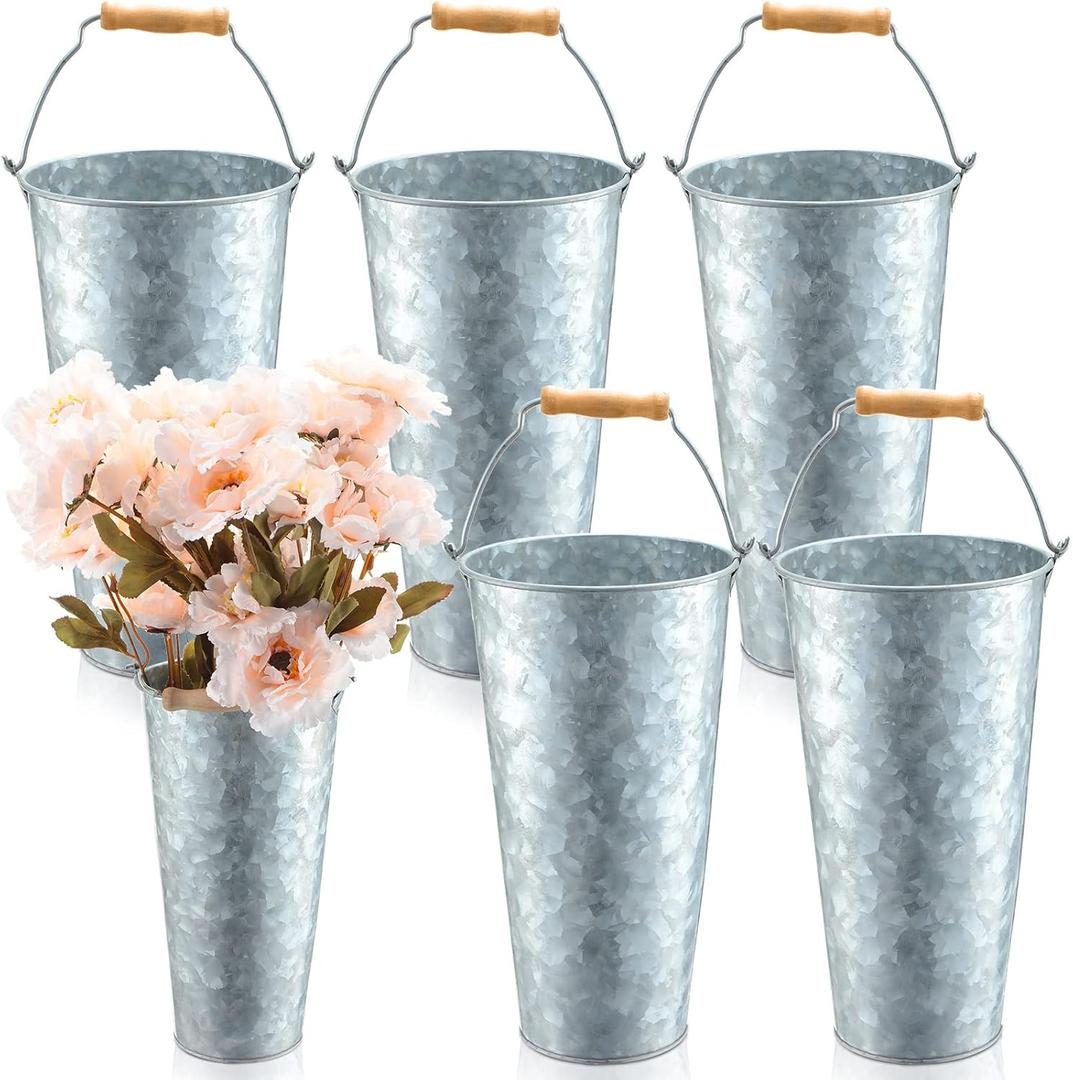 Zopeal 6 Pcs Galvanized Flower Buckets for Cut Flowers 15 Inch Silver Tin Bucket French Metal Vases with Handles Vintage Rustic Flower Holder for Wedding Decor Home Table Centerpiece Arrangement