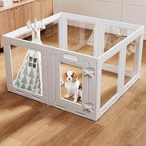 Clear Acrylic Dog Playpen with Door, 23.6" Puppy Playpen, Easy Assemble Pet Fence, 8-Panel for Puppies/ Small Dog Play Pen Indoor (White-8, 23.6 Inch-H, 8 Panel)