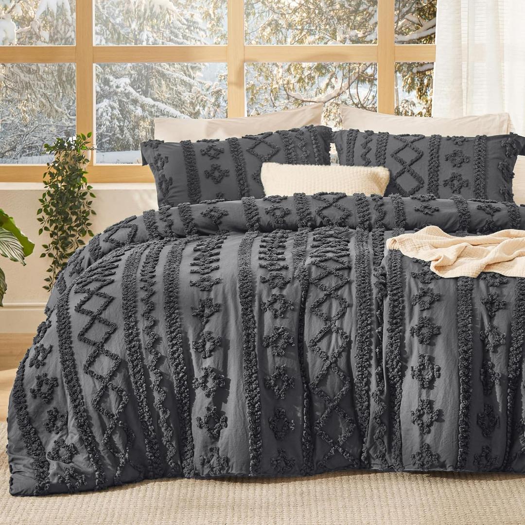 Bedsure Tufted Boho Comforter Set Queen Size - Dark Grey Boho Bed Set, GentleSoft™ 3 Pieces Farmhouse-Style Embroidery Bedding, Gifts for Woman, Soft Jacquard Queen Comforter for All Seasons
