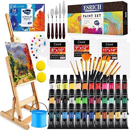 ESRICH Acrylic Paint Set,64PCS Painting Supplies with Wooden Easel,Brushes,36Colors Acrylic Paint, Canvases,Palette,Paints Knives Etc,Painting Kit for Adults,Students,Hobbyists,Beginners