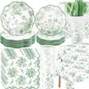 Yungyan 194 Pcs Sage Green Floral Party Decorations Serves 24 Disposable Green White Toile Chinoiserie Plates and Napkins Tablecloth Cup Tableware Set for Bridal Baby Shower Wedding Tea Party