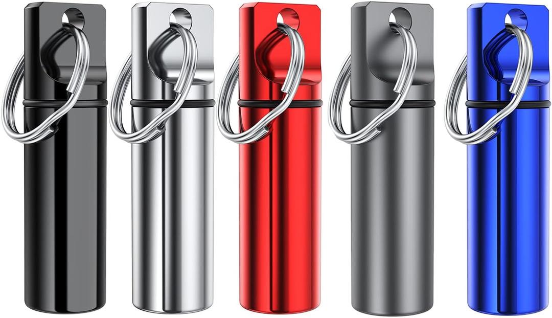 Small Portable Pill Box Keychain (5 Pack), Aluminium Alloy Mini Pill Organizer Case Container for Purse,Waterproof Metal Pill Holder Medicine Bottle for Outdoor Camping Travel (5 Piece Set)
