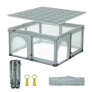Foldable Playpen with Detachable Thicken Mat,59x71 Inches Portable Playpen,Collapsible Play Pen for Babies and Toddlers,Indoor & Outdoor Baby Fence Play Area,Cold Gray
