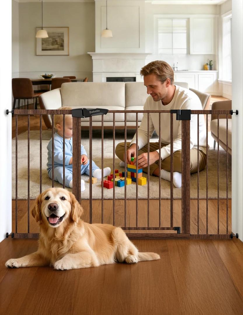 Babelio Metal Auto Close Baby Gate PressGuard, 29"-55" Extra Wide Pet Gate for The House and Doorways, Pressure Mounted Walk Thru Child Gate with Door, Black Wood Pattern, 30" Tall