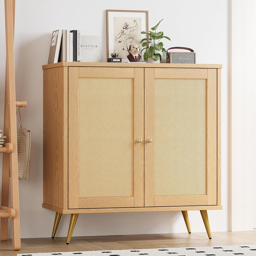 Shintenchi Rattan Buffet Cabinet with Storage, Sideboard Buffet Cabinet with Rattan Decor Doors, Modern Wood Cupboard for Kitchen Living Room Dining Room Hallway Entry, Natural, Two Door