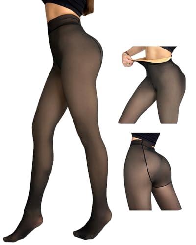 CHICME Womens Thick Fleece Lined Transparent Tights High Waist Elasticity Thermal Pantyhose Faux Sheer Warm Leggings Black-Extra Plus One size