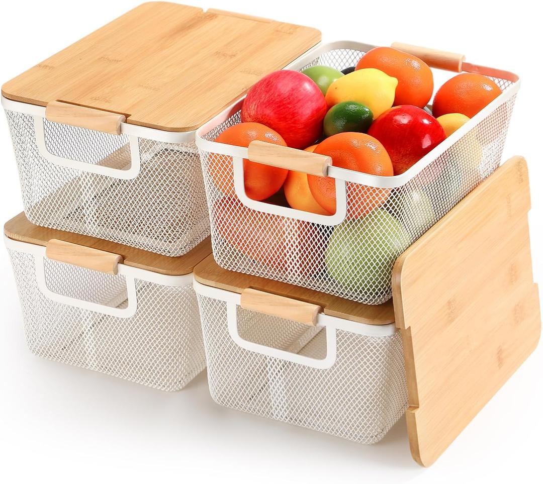 Geelin 4 Pcs Metal Wire Basket with Wooden Handles and Bamboo Lids 12.2 x 8.27 x 5.51" Mesh Steel Basket Stackable Storage Bins Organizer Containers for Vegetables Fruit Home Cabinet Pantry(White)
