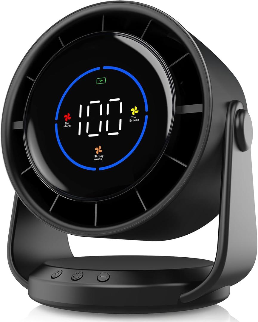 Desk Fan, Turbo Table Fan for Bedroom, 100-Speed Digital Display, Low Noise, 105 Adjustable Tilt, 7.5-inch, Rechargeable Battery, Wall-Mouted Design for Home, Office, Travel Dark Black