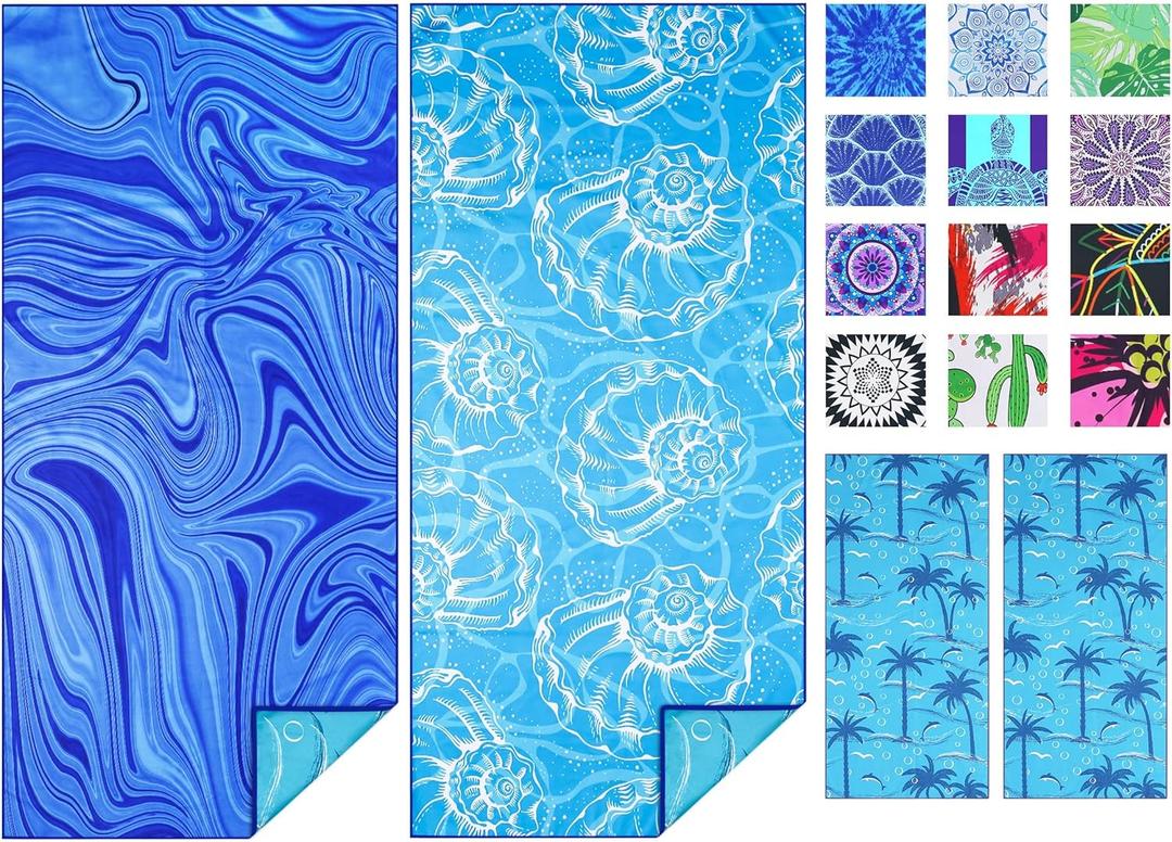 TwoYek 2 Pack Microfiber Thin Beach Towel Lightweight 71x32 Oversized Extra Large Sand Free Towels Quick Dry for Travel Pool Yoga Gym Sports Beach Accessories Vacation Essential Gift (2 Pcs Shell Fluid)