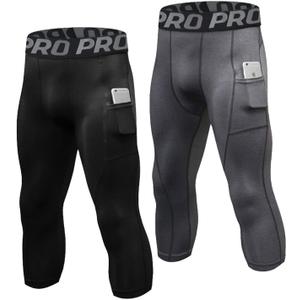 3/4 Compression Pants for Men with Pockets Capri Sports Legging Basketball Running Tights Cool Dry Workout Baselayer (X-Large, 2 Pack:black+grey)