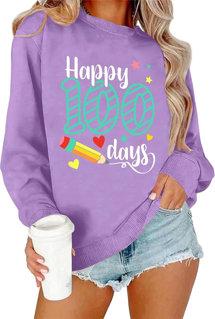 100 Days of School Shirt for Women Happy 100 Days of School Sweatshirt Teacher Graphic Long Sleeve Tops (X-Large)