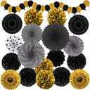 Black and Gold Decorations, Paper Pompoms Fan for Graduation Birthday Wedding Prom Night New Years Black and Gold Party Decorations