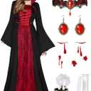 Vampire Costume for Women with teeth Accessories Gothic Vampire Dress Halloween Witch Costume Adult (Small, Black)