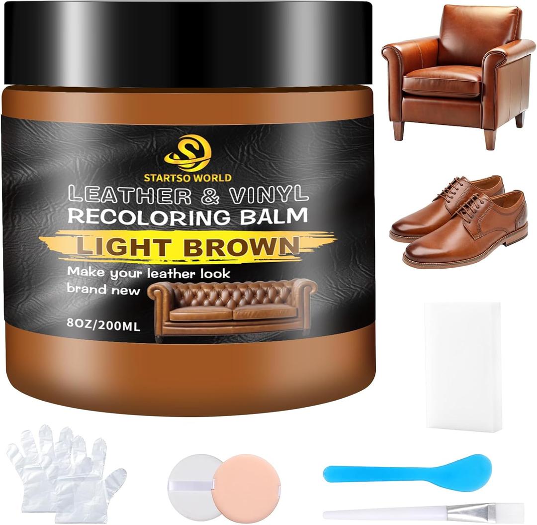 STARTSO WORLD Light Brown Leather Recoloring Balm, Leather Repair Kit for Furniture, Couches & Car Seats, Leather Paint, Leather Color Restorer, Leather Scratch Remover