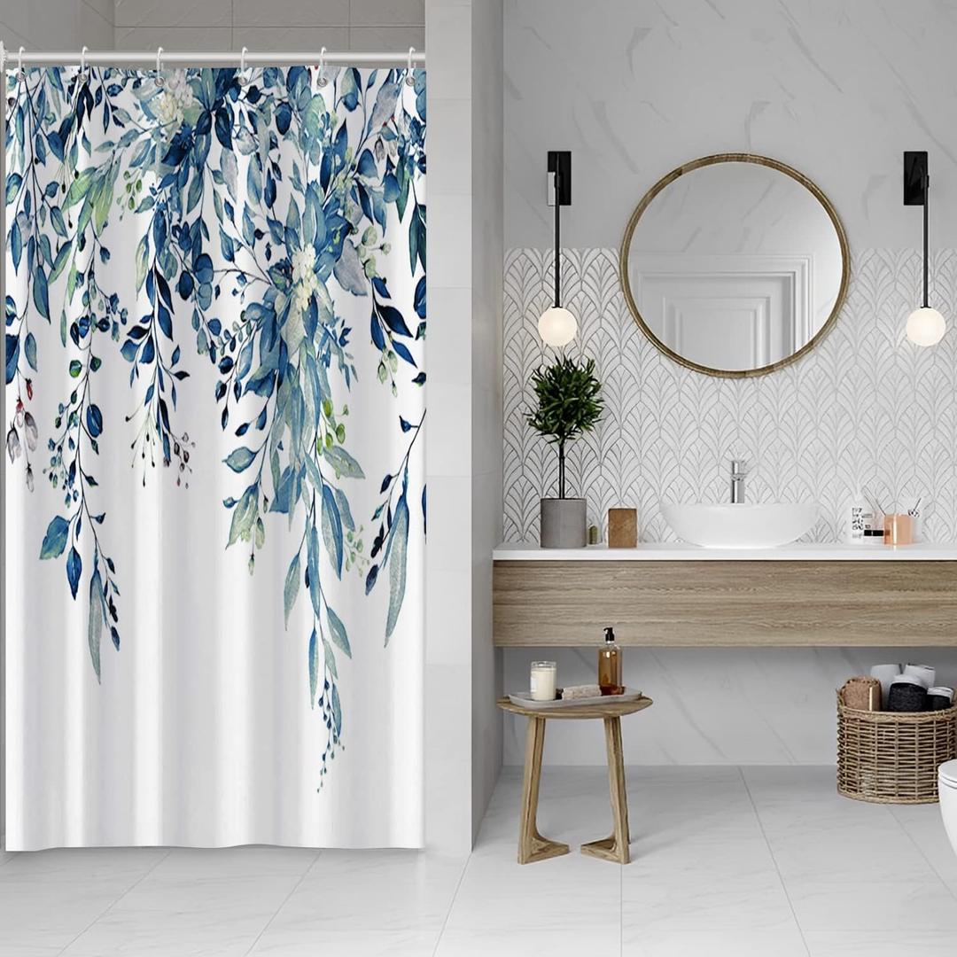 Blue Eucalyptus Shower Curtain, Watercolor Spring Plant Leaves with Floral Shower Curtain Waterproof Fabric Shower Curtain Set with Hooks, 48x72 Inch