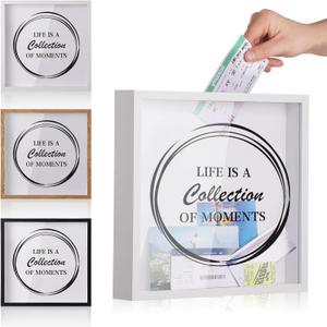Adventure Challenge Archive Shadow Box Picture Frame With Slot, 8&12In Ticket Card Memory Box for Keepsakes, Top Loading Display Case Travel Decor Gift (White, 12x12in)