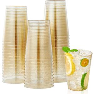 JOLLY CHEF 100 Pack 10 oz Gold Glitter Plastic Party Cups, Disposable Plastic Tumblers, Gold Drinking Glasses with Glitter Suitable for Wedding, Thanksgiving Day, Christmas Halloween